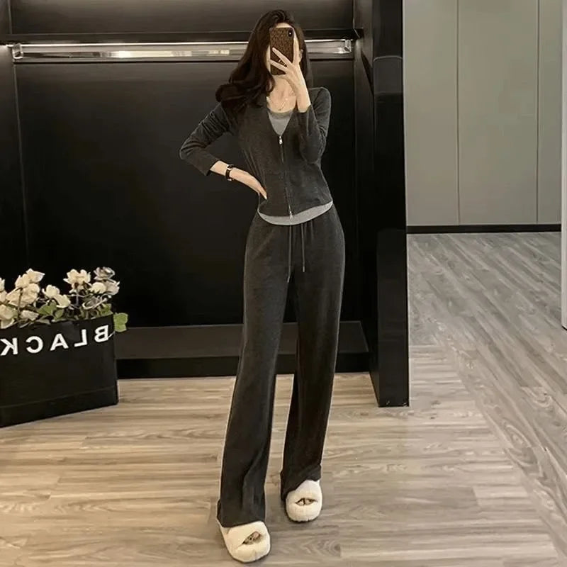 Western-style Suit Spring Autumn Fashion Slim Sweatshirt Wide-leg Pants Two-piece Trendy Set