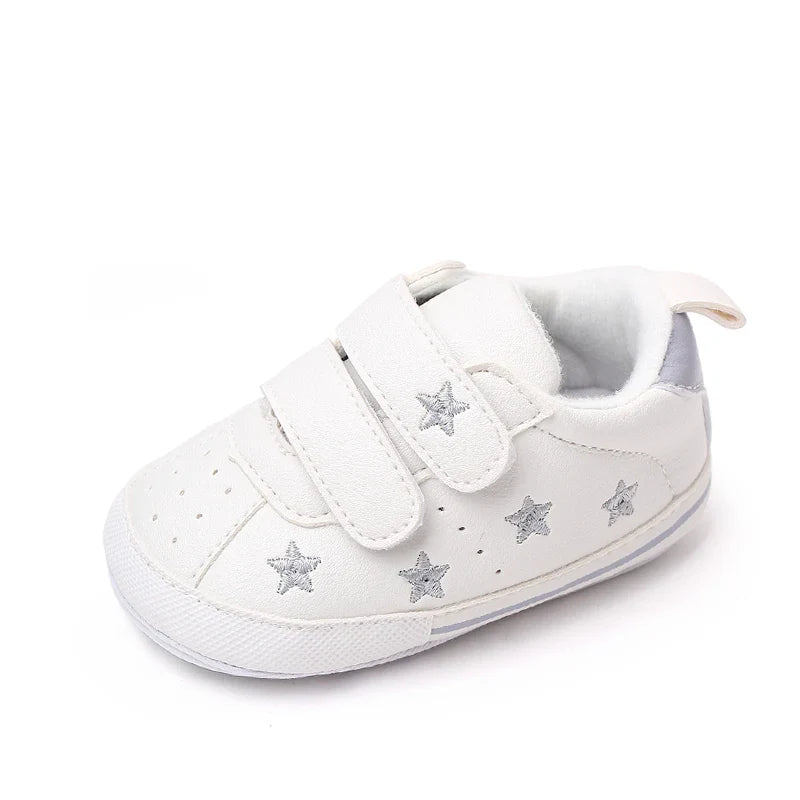 Baby White PU Sneaker Non-slip for Toddler Boys and Girls Cute Embroidery Stars and Hearts