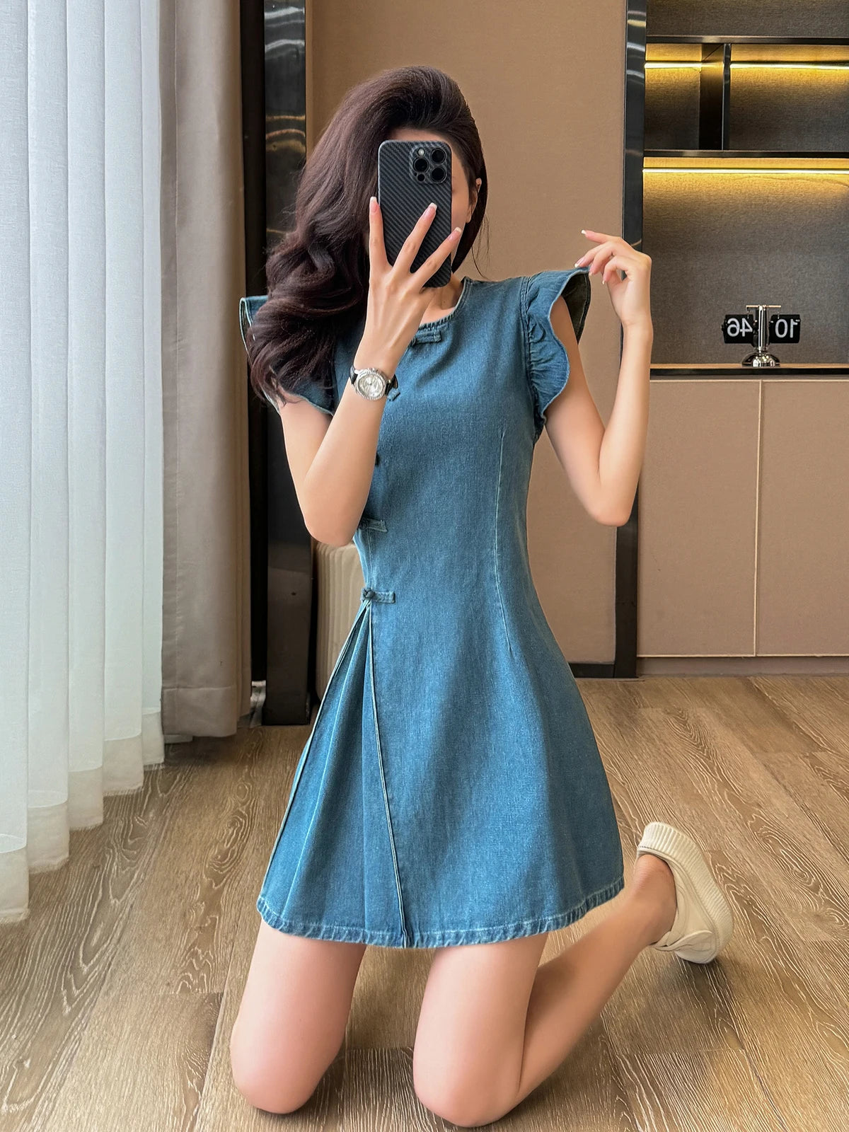 Women's ort Denim Dr A-Line Waist Cinching round Ne Button Sle High Waist Slimming Spring Summer Cotton Blend