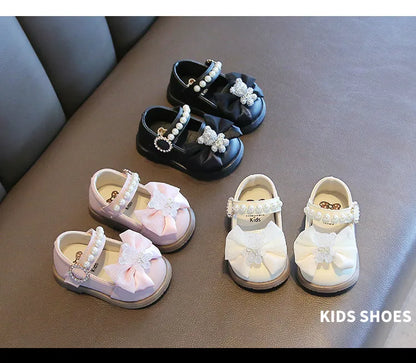 Baby Girls Walking Shoes with Big Bow Bear Children Princess Shoes Soft Sole Round Toe 2026 New Fashion Kids Flat Shoes Non-slip
