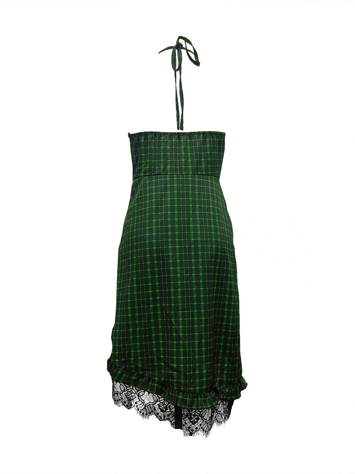 Women's Plaid Cowboy Dress Deep V-Neck Asymmetric Hem with Lace Belted Western Style Ideal for Bohemian Outings