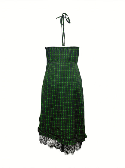 Women's Plaid Cowboy Dress Deep V-Neck Asymmetric Hem with Lace Belted Western Style Ideal for Bohemian Outings