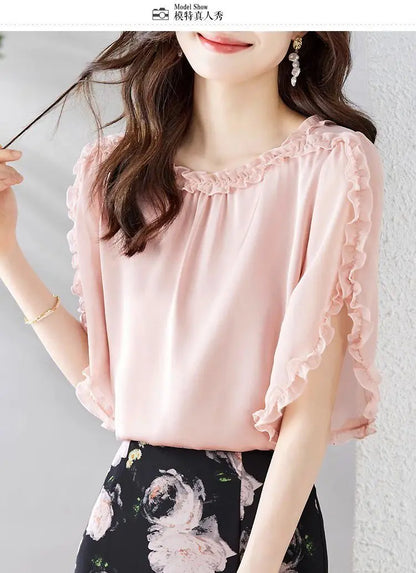 The Season Women's Fashionable Loose Short Sleeve Chiffon Shirt Slimming Cover Belly Versatile Top TT1479
