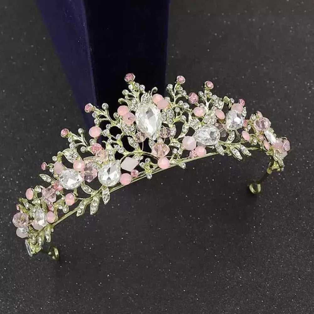 Ancient Vintage Pink Floral Crown Elegant Shiny Crown Hair Accessory Headwear Alloy Princess Rhinestone Tiara Photography Props
