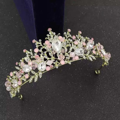 Ancient Vintage Pink Floral Crown Elegant Shiny Crown Hair Accessory Headwear Alloy Princess Rhinestone Tiara Photography Props