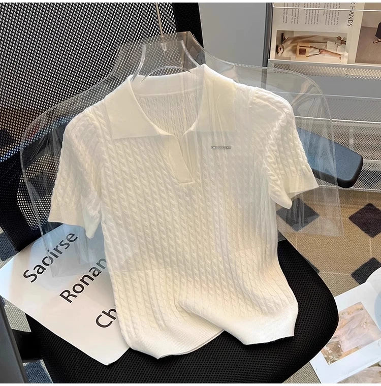 White  irt ort Sve Knitted Top Women's oulder Straight Summer T-irt Commute Sle Korean Version Straight Tube