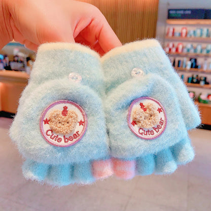 Winter Plush Knitted Cartoon Rabbit Flexible Flip-top Gloves Thicken Warm Cute Gloves For Baby Girls Half Finger Children Gloves