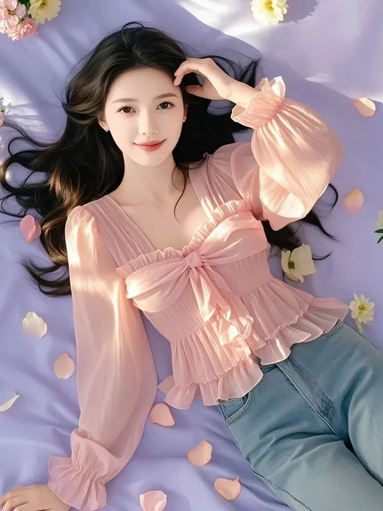 2025 Spring New Shirts Solid Color Ruffles Crop Tops Square Collar Flare Sleeve Pleated Blouses Female Slim Sweet Women Clothing