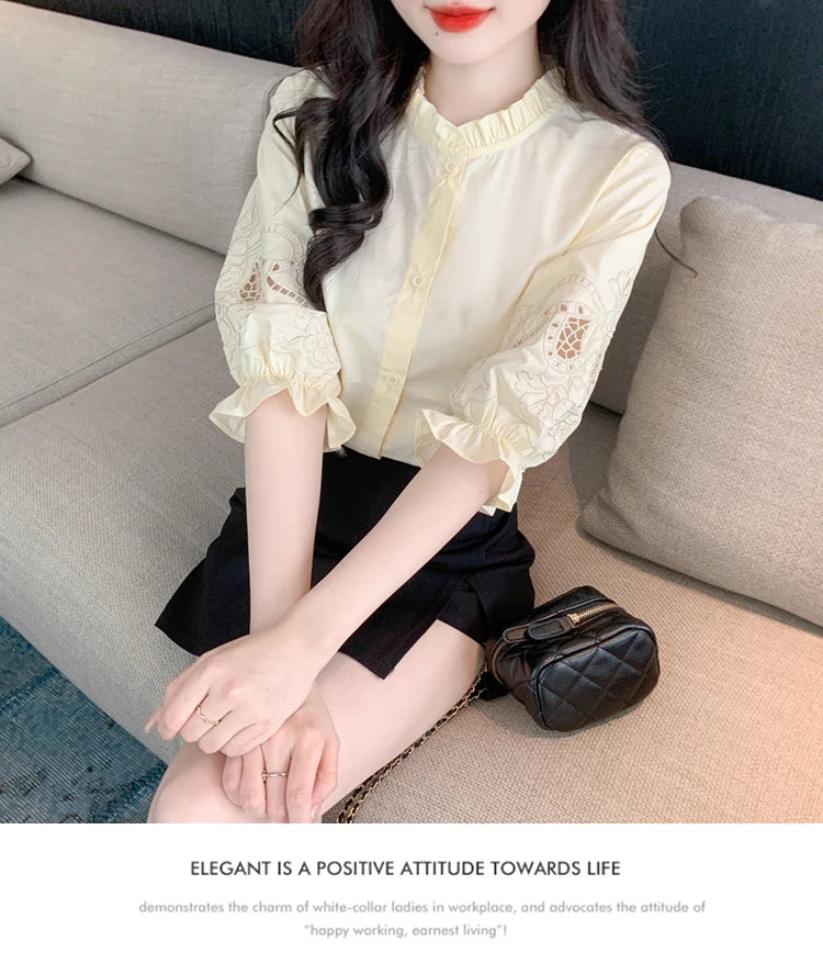 Ele Embroidered ort Sve irt Women's Summer New Design Korean Sle Commute Lantern Sve White irt for Ladies