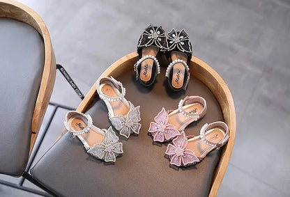 Large Crystal Bow Tie Kids Shoes for Girl Princess Beading Mary Jane Shoes Bling Prom Children  Girls Designer Shoes