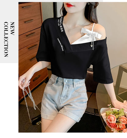 Unique Design oulder Bared ort Sve V-Ne Loose T-irt for Women  Knot Print Splice Asymmetrical Korean Sle