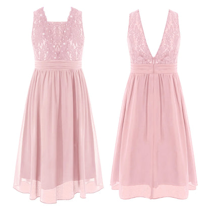 Girls Sheer Floral Lace Chiffon Party Dress Bridesmaid Clothing Sleeveless Backless Pleated Princess Dress for Wedding Birthday