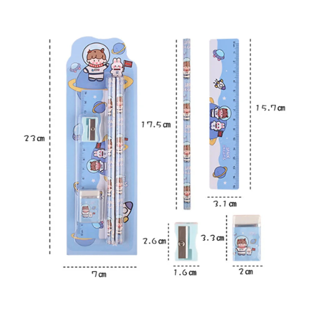 5Pcs Cute Cartoon Stationery Set Pencil Ruler Eraser Pencil Sharpener Kawaii Children School Scrapbook Supplies Set For Gifts