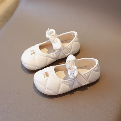 Girls Leather Shoes 1-6 Years Old Beige Rhinestone Bow Performance Princess Shoes Khaki Soft Bottom with Children's Single Shoes