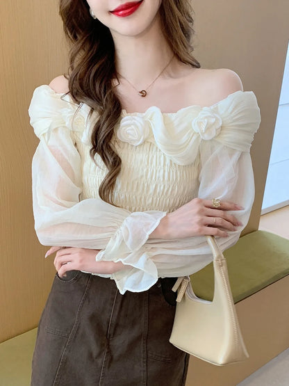 Sweet oulder One-oulder 3D Flower Bell Sve Women's irt Spring New Sle Waist Cinching Beautiful Top Ci Walk ort...