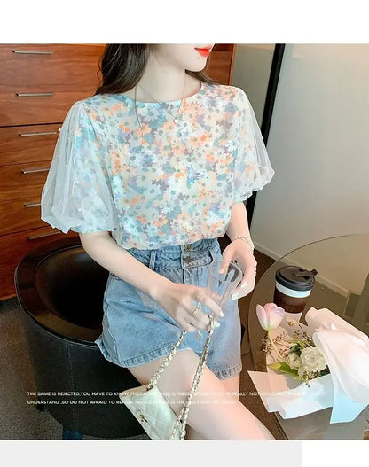 Floral Short-sleeved Chiffon Women's New Puff Sleeve Top Chic and Fashionable Shirt