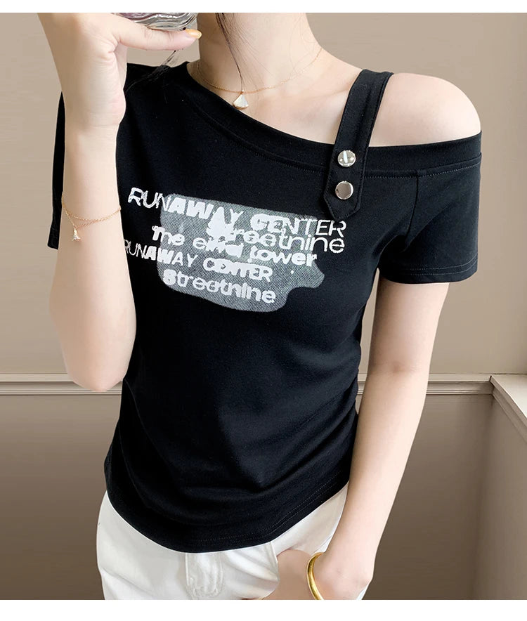 Sexy oulder Bared T irt Women's ort Sve Asymmetrical Collar Faionable Slimming Top Korean Sle Cotton Blend Summe...