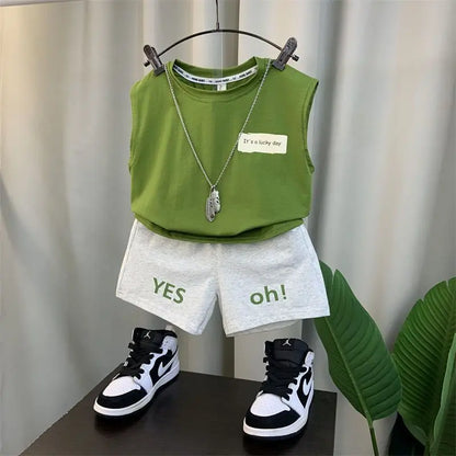 2024 Boy’s Loose Vest Sets Baby Casual Fashion Suit Summer New Children's Thin Sleeveless Round Neck Top Shorts 2Pcs 12M-6Years