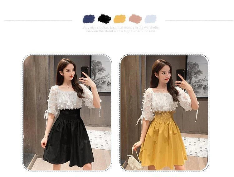 Women Summer French Style Elastic Waist Dress Korean Edition New Splicing Design Slim Half Sleeve Fairy Knee-length Dresses