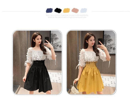 Women Summer French Style Elastic Waist Dress Korean Edition New Splicing Design Slim Half Sleeve Fairy Knee-length Dresses