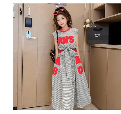 Girls Clothes Summer Kids Fashion Letter Vest + Skirt 2pcs Set Children Clothing Suit Teen Girl Plaid Bowknot Sleeveless Outfits