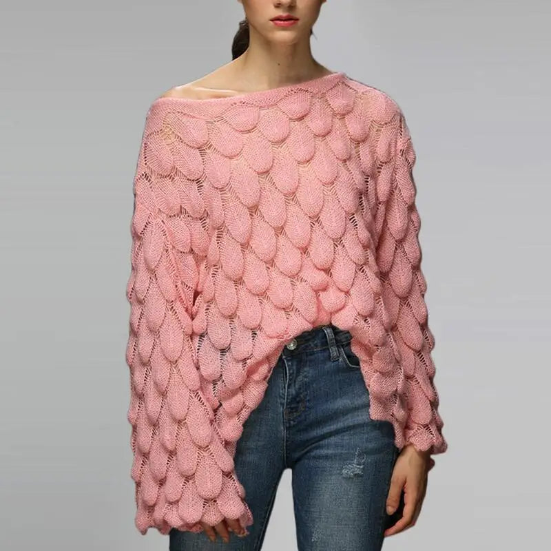 Hot 2026 Autumn Winter New European American Women's Fashion Hollow Loose Knitted Sweater Round Neck Trumpet Sleeve Head Sweater