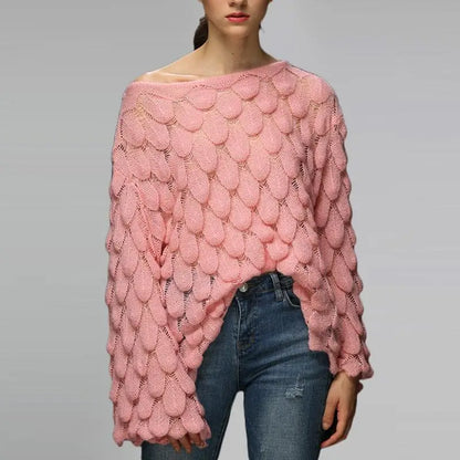 Hot 2026 Autumn Winter New European American Women's Fashion Hollow Loose Knitted Sweater Round Neck Trumpet Sleeve Head Sweater