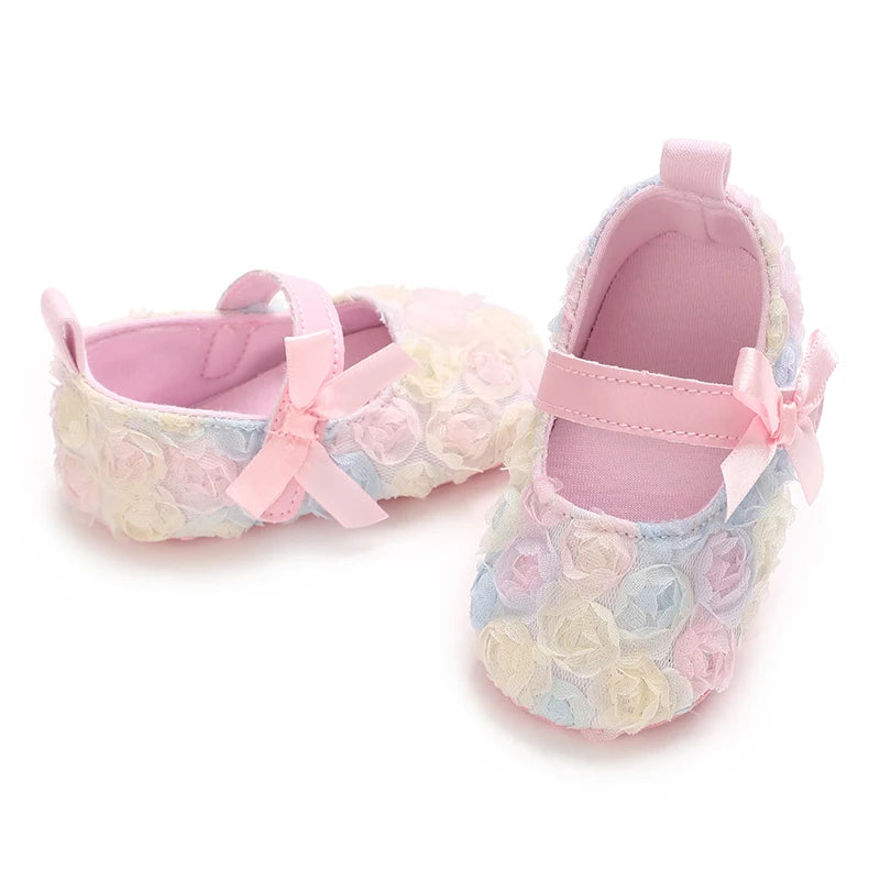 Cute Flower Baby Princess Shoes With Bow Decoration Soft Sole Comfortable Flat Shoes Suitable For 0-18M Infants And Toddlers