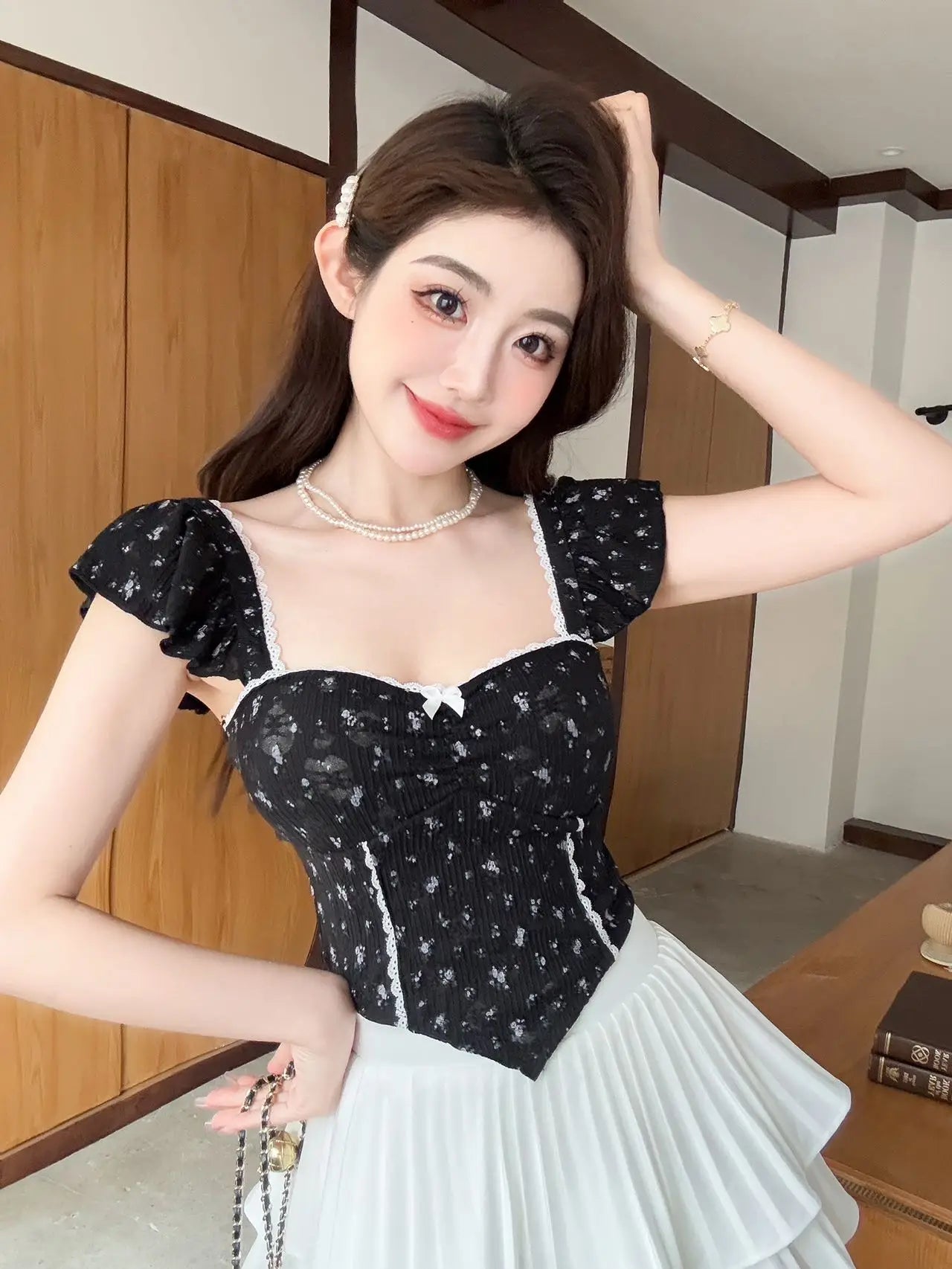 Summer New Pure Desire Sweet Floral Print off oulder Crop Top Slimming  with Chest Pad Versatile Women's Vest