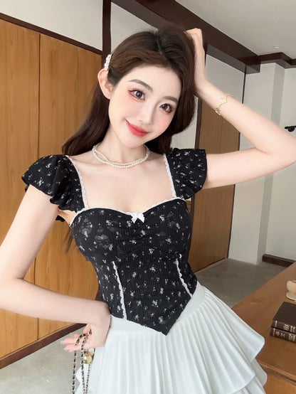Summer New Pure Desire Sweet Floral Print off oulder Crop Top Slimming  with Chest Pad Versatile Women's Vest