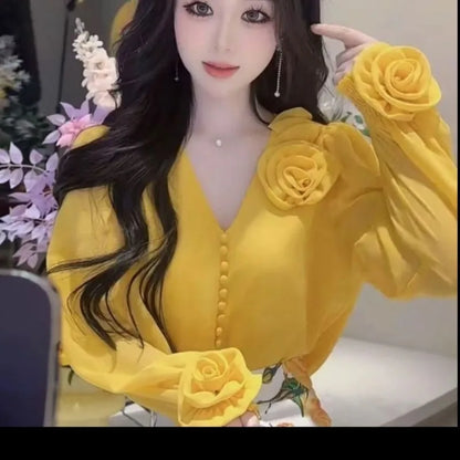 Vintage Elegant 3d Flower V-neck Shirt Women Spring Autumn All-match Blusas Mujer De Moda 2025 Fashion E-girl Blouses