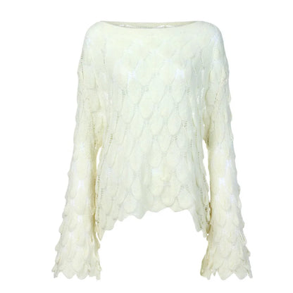 Hot 2026 Autumn Winter New European American Women's Fashion Hollow Loose Knitted Sweater Round Neck Trumpet Sleeve Head Sweater