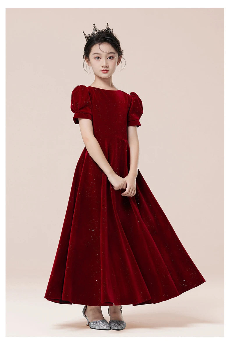 Kids Party Dress Clothing For Birthday Princess  Wine Red Piano Wedding Flower Girl 5-17 Years Old  Host Children's Formal Dress