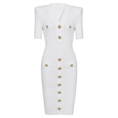 2025 Spring/Summer New Fashion Knitted Elastic Short Sleeve Solid Color Gold Button Slimming Style Commuter Women's Dress