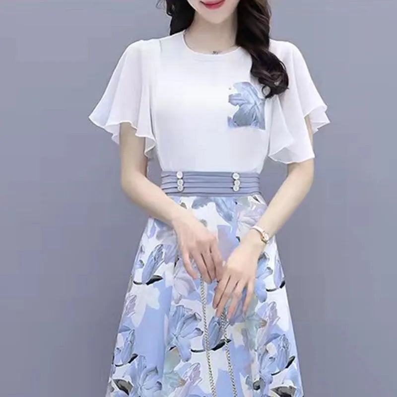 Floral Print Chiffon Dr Set Women's Summer Faion Slimming ular f-length Skirt Two-piece Set round Ne ort Sve