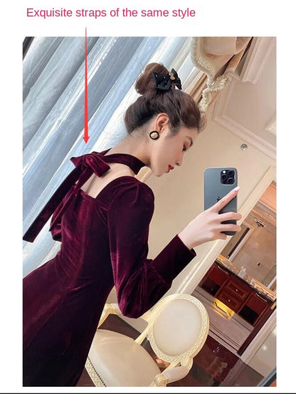 Sexy Dress Women French Retro Vintage Square Collar Waist Office Lady Wine Red Golden Velvet Autumn and Winter Female Clothing