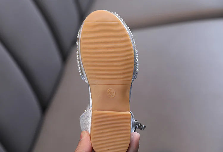 Children Spring Summer Korean Version Dance Shoes Girls Pearl Show Shoes Girl Rhinestone Princess Lace Leather Shoes Solid Color