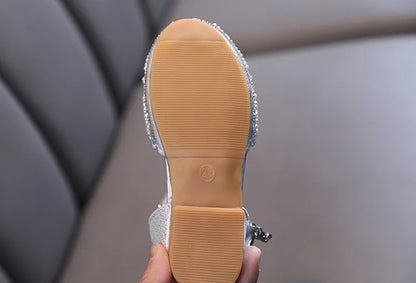 Children Spring Summer Korean Version Dance Shoes Girls Pearl Show Shoes Girl Rhinestone Princess Lace Leather Shoes Solid Color