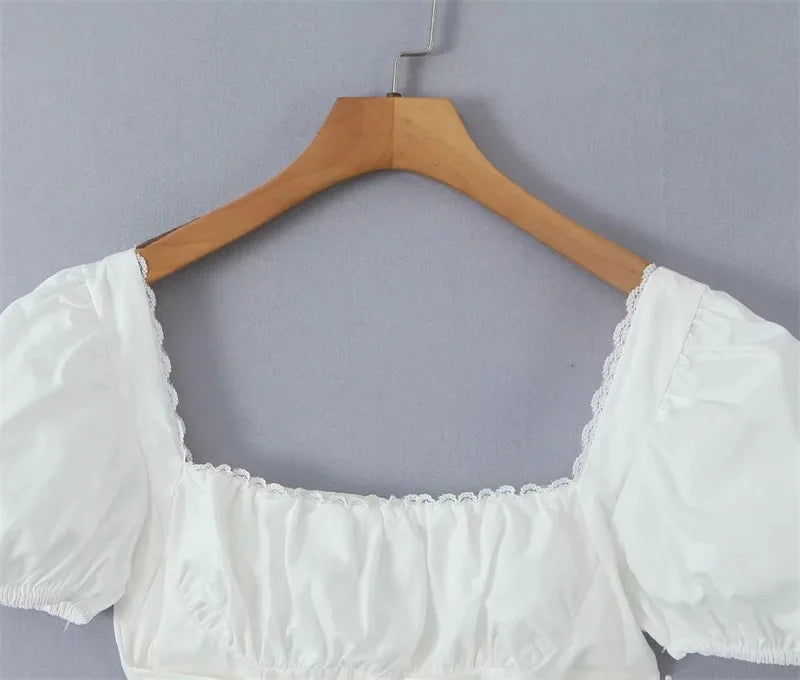 Mingmingxi Short Sleeve Cropped Top Women Fashion White Square Neck Tops Preppy Style Cotton Lace Up Blouse Women Clothing