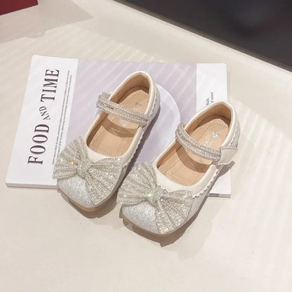 Children's Leather Shoes Bling Sequins Bowknot Princess Shoes for Girls Sweet Chic Kids Causal Wedding Shallow Versatile