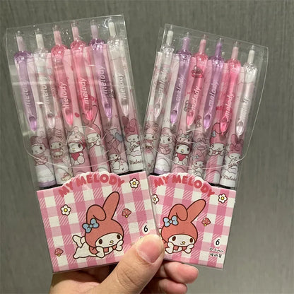 Sanrio 6pcs Series Gel Pen 0.55mm Refill Hello Kitty Y2k Cinnamoroll Kuromi MelodyCartoon Press Pen Black Stationery Supplies