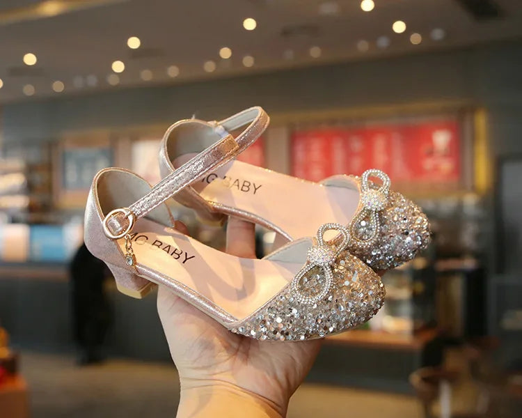 Girls High Heels for Kids Party Wedding Evening Dress Shoes 2021 Fashion Crystal Summer Princess Stockings Girl Sandals E02165