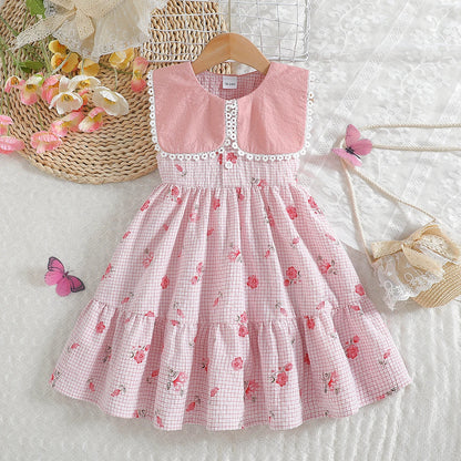 Dresses For Girl Summer Sleeveess Square Collar Print Floral children's Dress Fashion Streetwear Costume