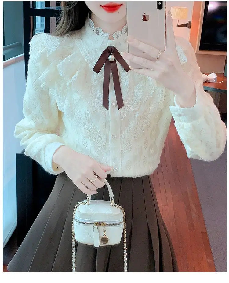 Women's Fce Lined Lace Blouse Thiened Autumn Winter Faion Inner Wear  Knot irt Stand Collar Regular Fit
