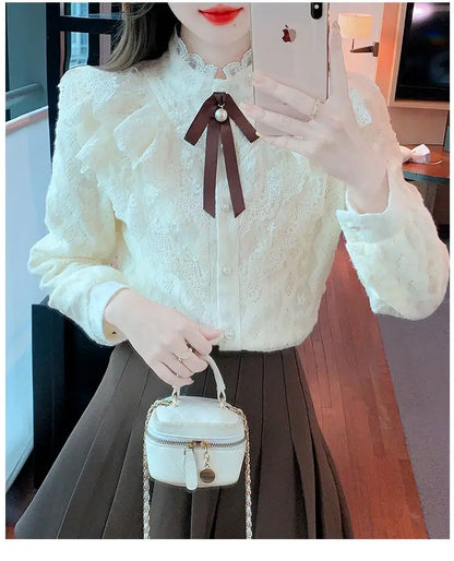 Women's Fce Lined Lace Blouse Thiened Autumn Winter Faion Inner Wear  Knot irt Stand Collar Regular Fit