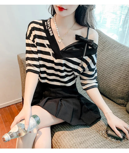 Unique Design oulder Bared ort Sve V-Ne Loose T-irt for Women  Knot Print Splice Asymmetrical Korean Sle