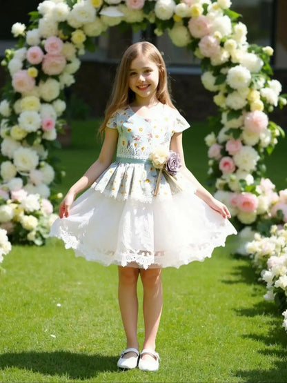 Summer girl's floral chiffon printed embroidered casual half-sleeve cute lady's fashion romantic lace dress.