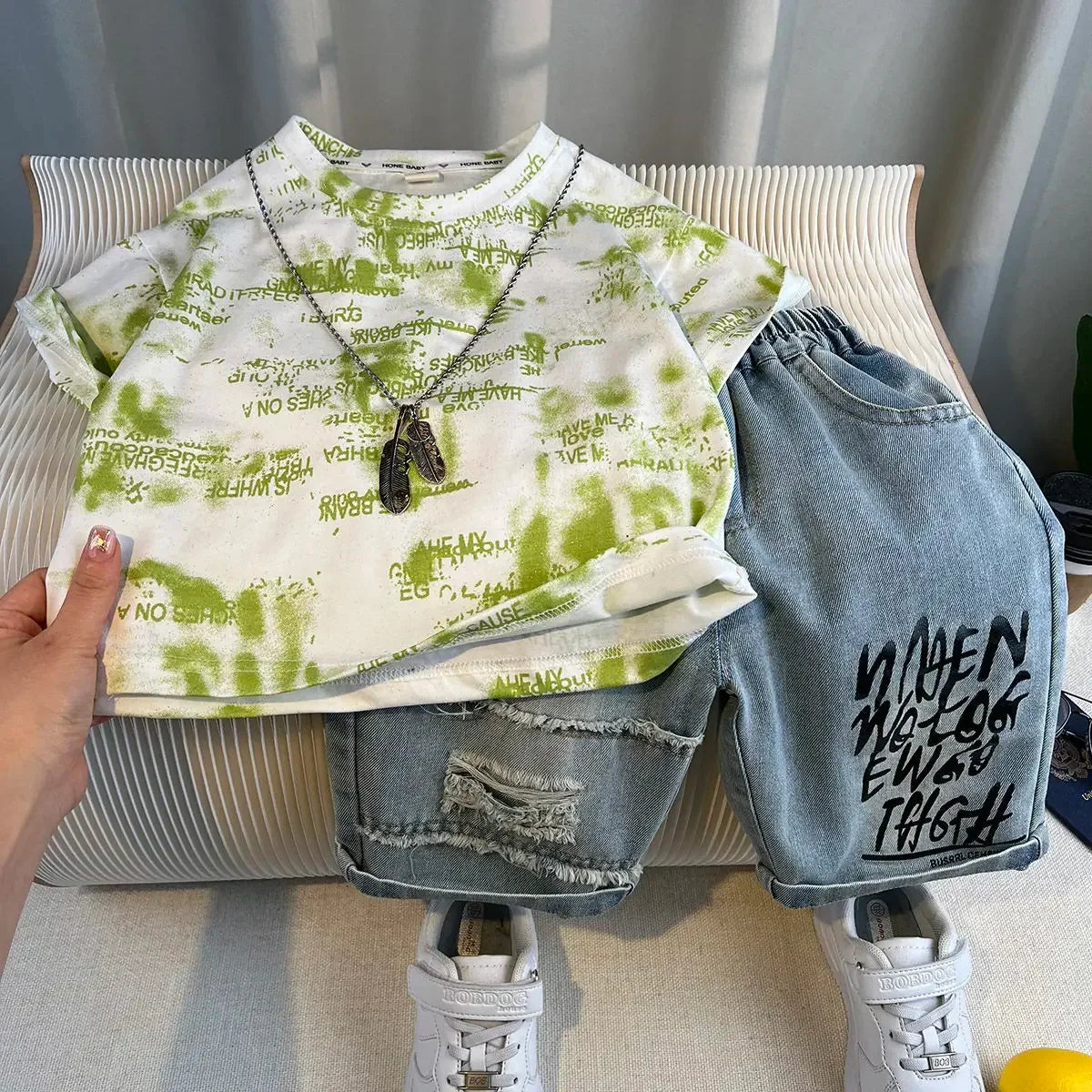 Hot Sale Fashion Baby Boy Suit Summer Clothes Short Sleeve T-shirt Short Jeans 2 Piece Set Kids Outfit  Children's Costume (Available)