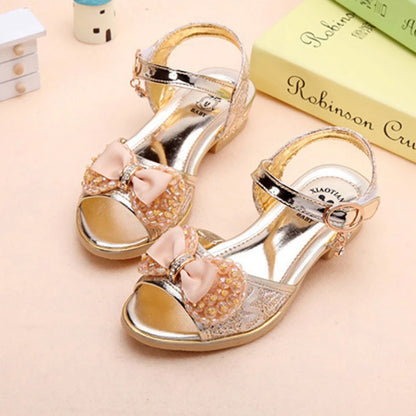 Summer Princess Children's Sandals Girls Sequins Low Heels Non-slip Shoes Fashion Bowknot Kids Beach Sandals Causal Versatile