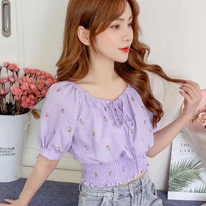 Sweet Broken Flower Women Short Shirts Elegant O-Neck Bow Tie Blouses Korean Fashion Elastic Waist Puff Sleeve Blouses 2025 New